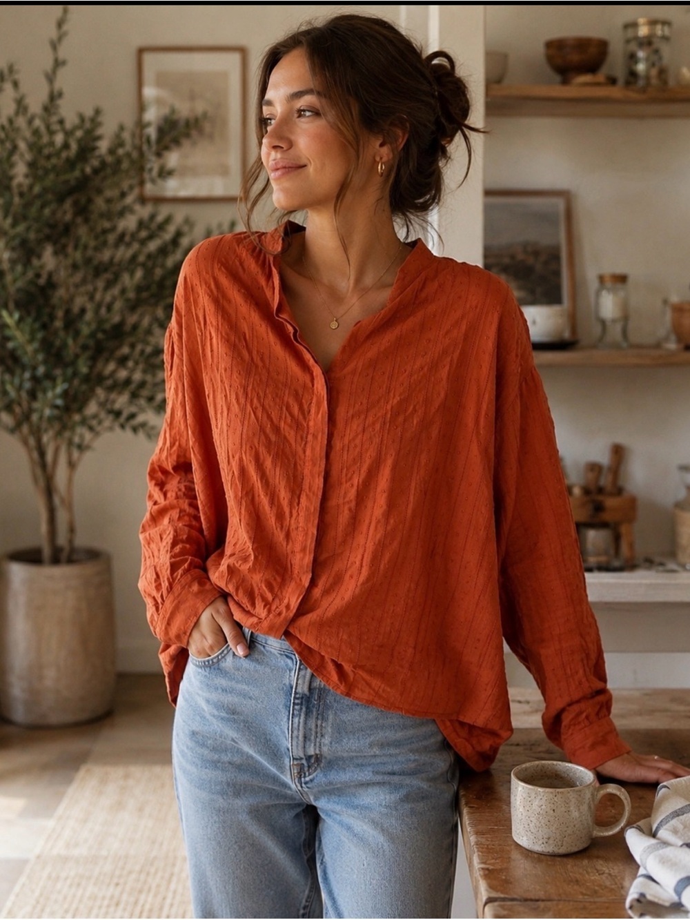 Garance size small orange pears, Friend, long sleeve button up blouse